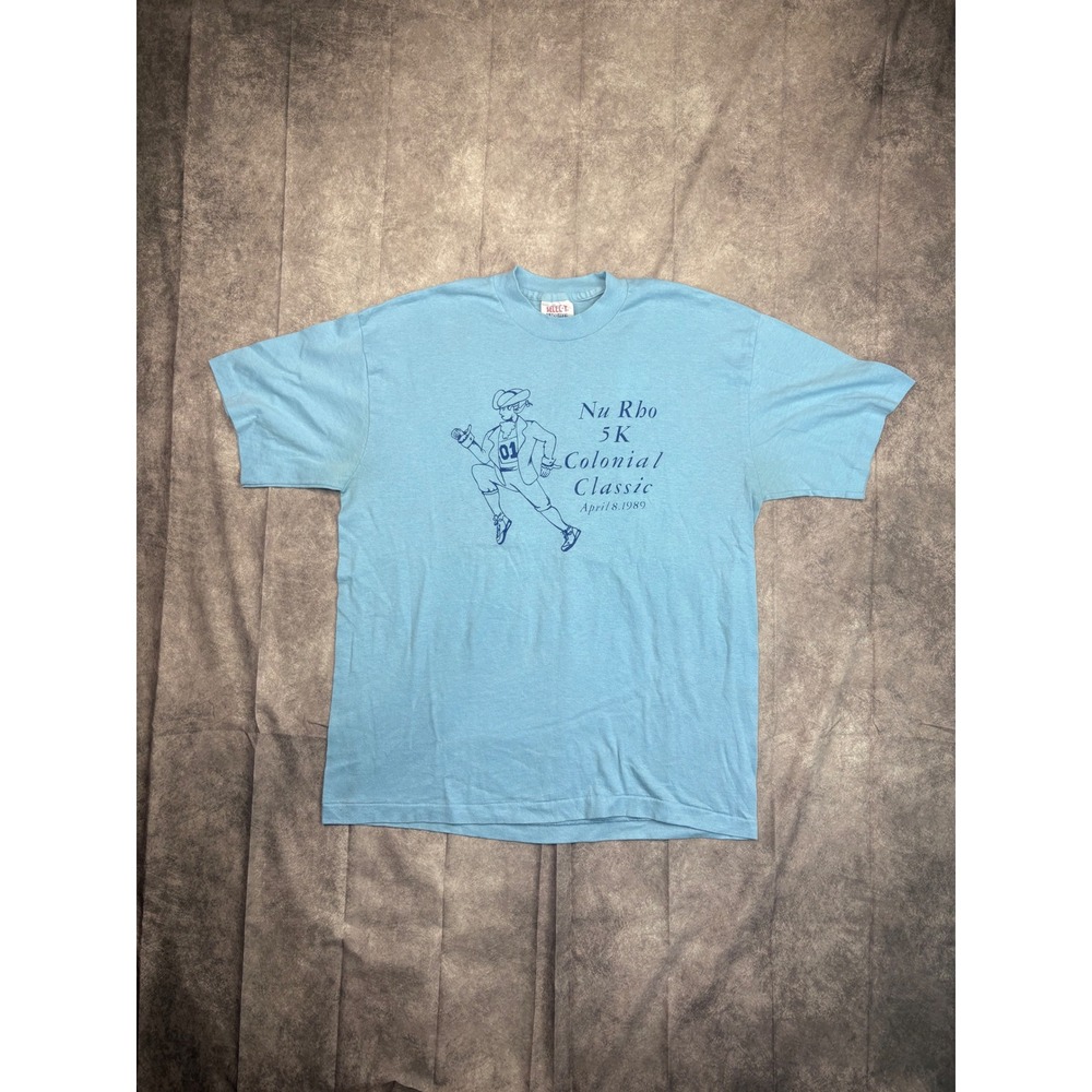 Vintage 1989 Tee Jays Nu Rho 5K‎ Colonial Classic T-Shirt XL Blue Single Stitch
